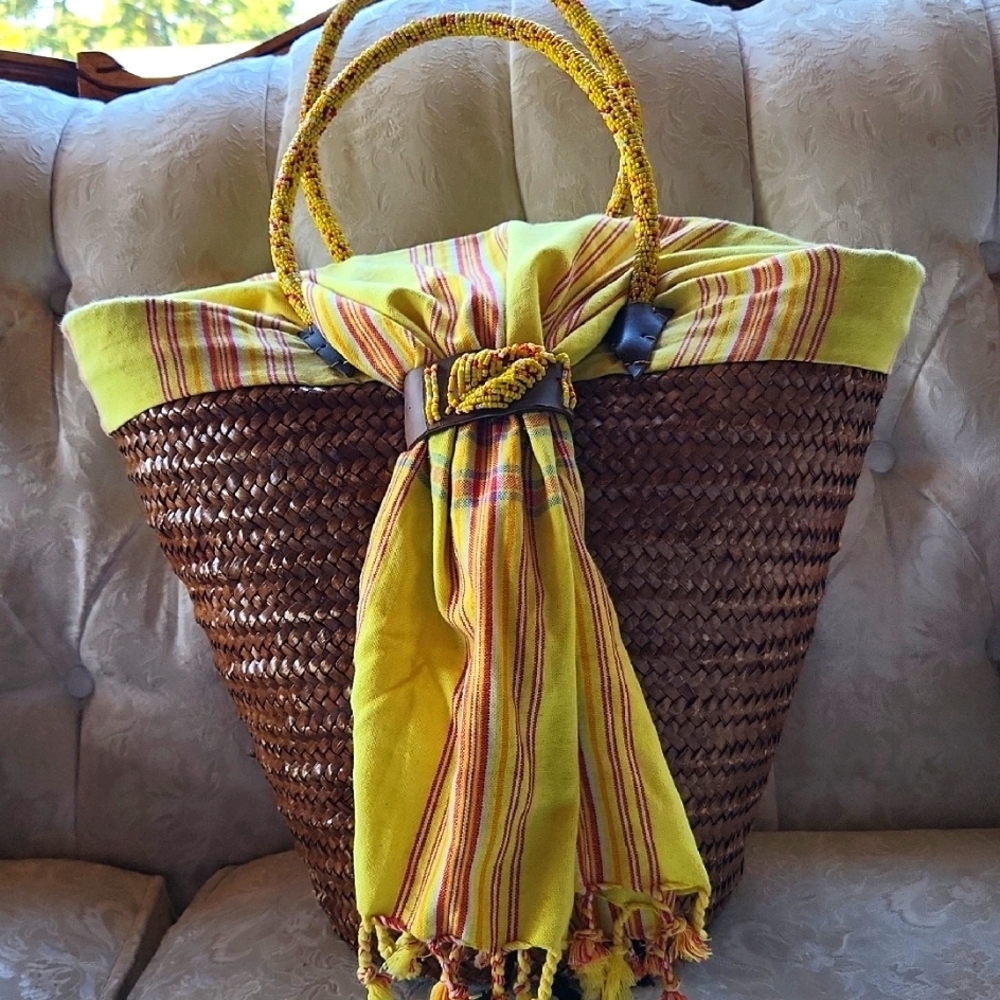 African Picnic‎ Basket In Yellow and Brown Woven with Natural Fiber Handles